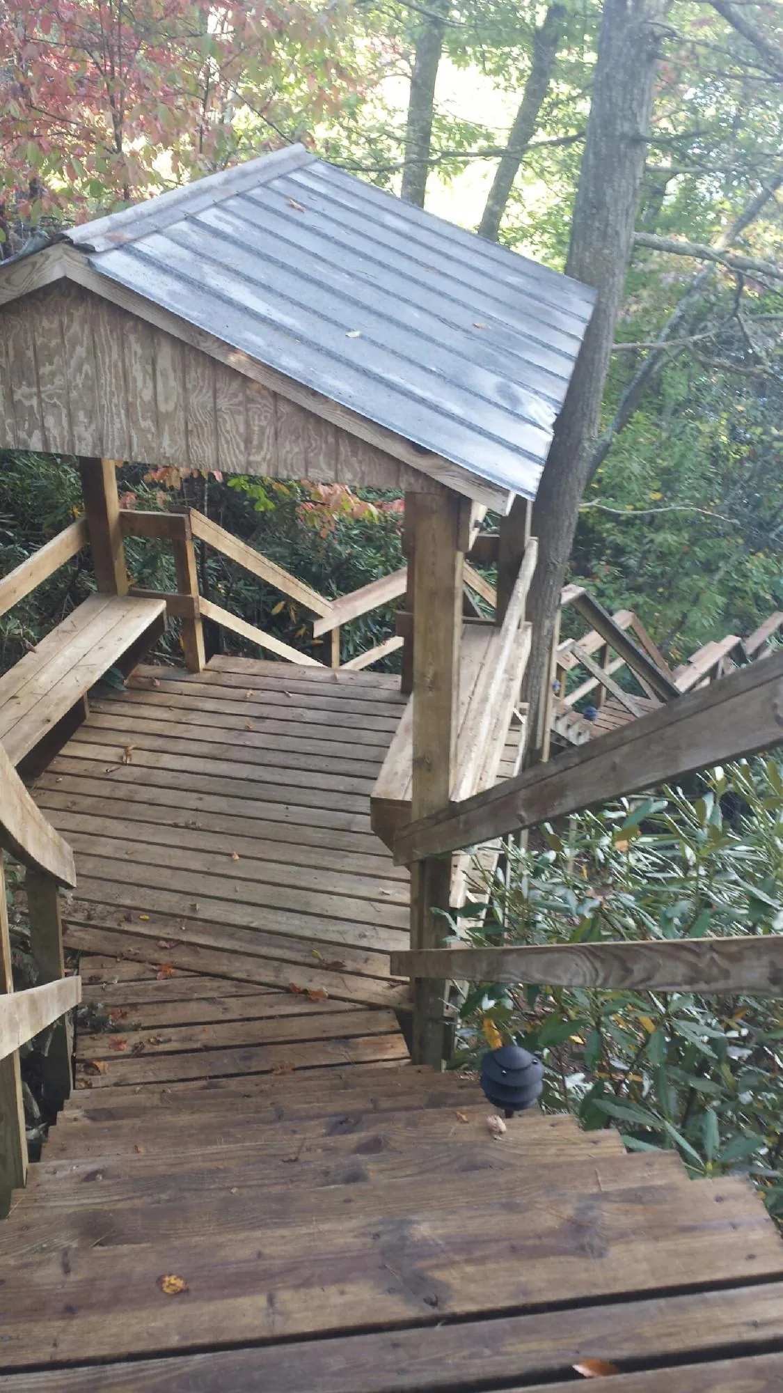 Metal roofed shelter over wooden steps on a wooded walkway — Skylight Repair & Installation work by our crew in Kings Bay